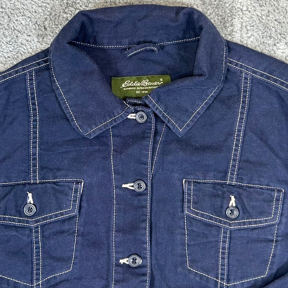 Eddie Bauer Womens Large Navy Blue Linen Cotton Blend Contrast Stitch Jacket